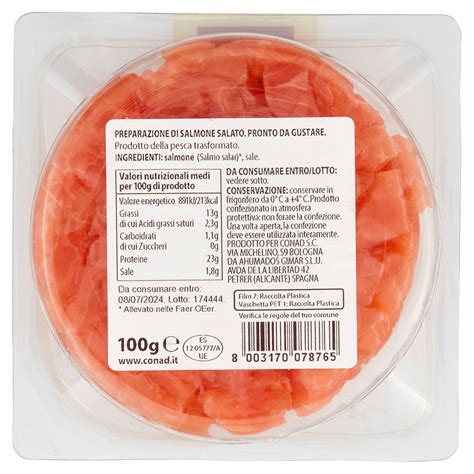 Immagine del packaging del Sashimi di Salmone Conad, evidenziando gli ingredienti e le caratteristiche di qualità.