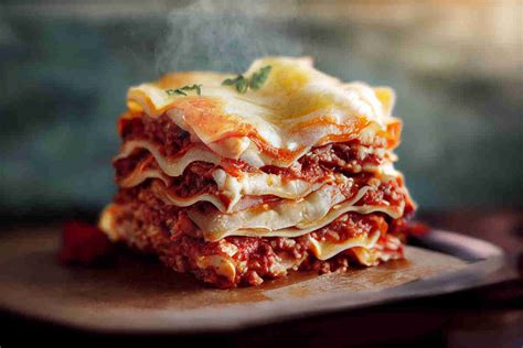 Foto di un piatto di lasagna fumante in un ristorante accogliente