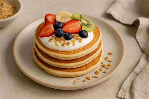 Un piatto di pancake vegani soffici guarniti con frutta fresca e sciroppo d'acero.