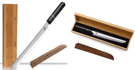 Primo piano di un coltello da sushi affilato e flessibile, con dettagli sulla lama.