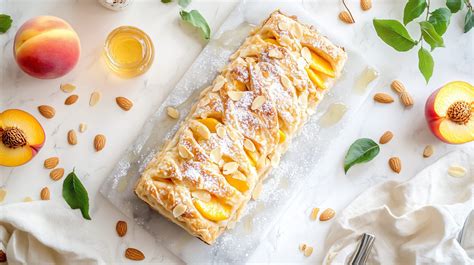 Strudel di pesche e amaretti appena sfornato e spolverizzato con zucchero a velo