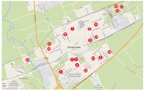 una mappa di Gorgonzola con evidenziati i luoghi degli eventi menzionati