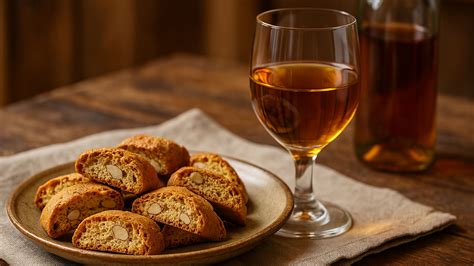 bicchiere di vin santo toscano accanto a un piatto di frittelle