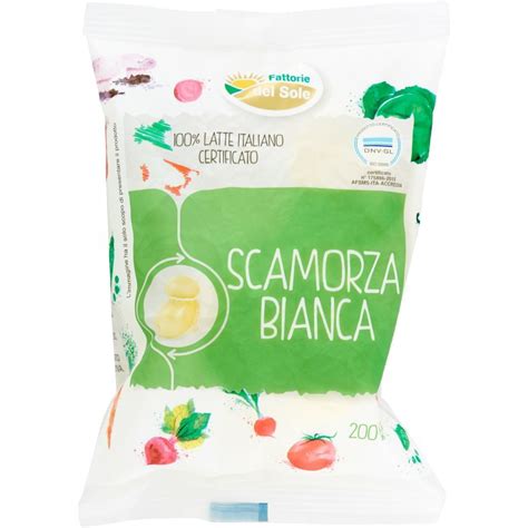 Immagine di una confezione di Scamorza Bianca Fattorie del Sole da 200g, evidenziando la dicitura 