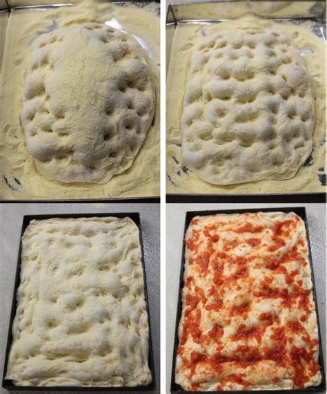 Illustrazione che mostra come stendere e bucherellare l'impasto della focaccia sulla teglia