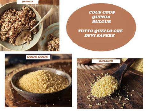 infografica comparativa tra bulgur, cous cous e quinoa con evidenziate proprietà nutrizionali e origini