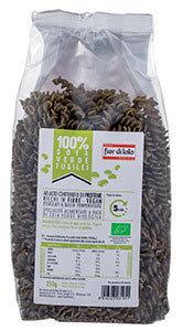 Foto dei Fusilli di Soia Verde BIO Fior di Loto, confezionati e pronti per essere cucinati.