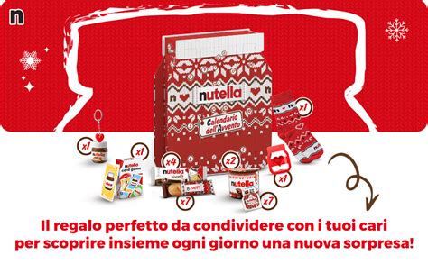 Inquadratura ravvicinata dei diversi prodotti Nutella inclusi nel calendario: crema spalmabile, Nutella&Go, B-Ready e Biscuits.