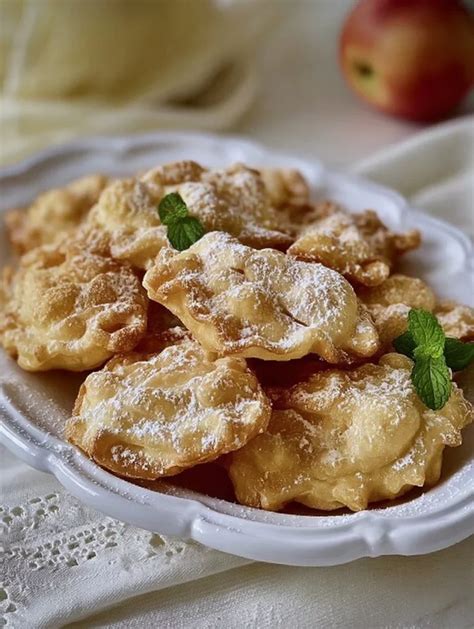 frittelle dorate e soffici su un piatto di portata, decorate con zucchero a velo