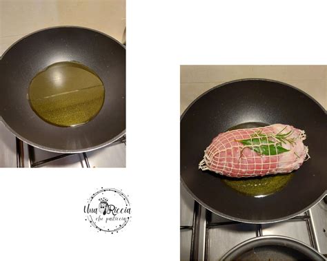 Disposizione delle verdure aromatiche e dell'olio in una casseruola prima della rosolatura dell'arista.