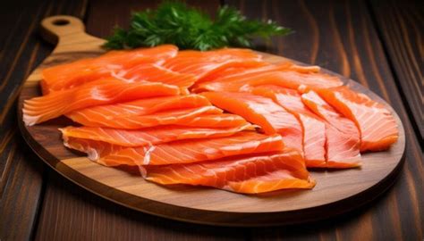 Diverse varietà di salmone affumicato su un tagliere di legno