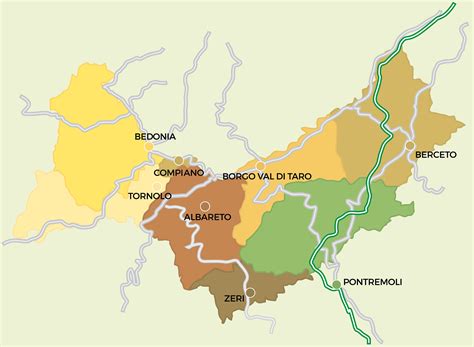Mappa della Strada del Fungo Porcino di Borgotaro con i suoi affluenti nelle valli Taro, Baganza e Ceno.