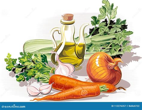 Composizione di diverse verdure (cipolla, carota, sedano, porro, scalogno, aglio) utilizzate per soffritti.