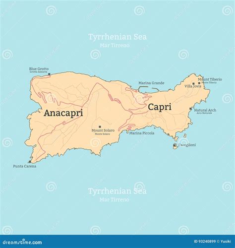 Mappa stilizzata dell'isola di Capri che evidenzia i punti di interesse dell'itinerario