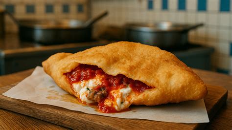 Primo piano di una pizza fritta ripiena con ingredienti freschi