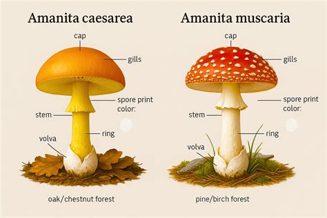 Schema comparativo tra l'impronta del cappello dell'Amanita Caesarea (gialla) e dell'Amanita Phalloides (non gialla).