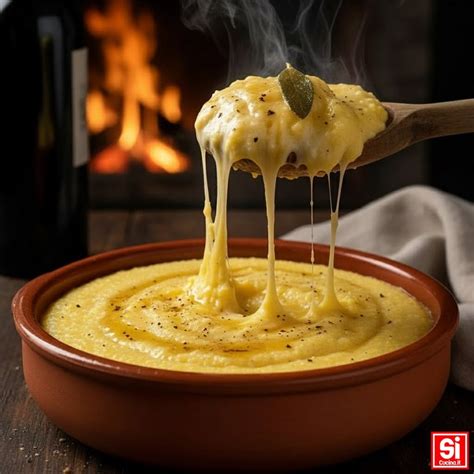 Primo piano di una polenta concia fumante in un piatto di coccio, con formaggio filante