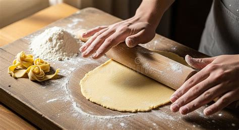 Una mano che stende la pasta con un mattarello in legno su un tagliere