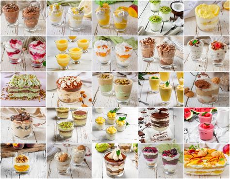 foto di diversi dolci al cucchiaio serviti in vasetti trasparenti, mostrando strati colorati e decorazioni invitanti