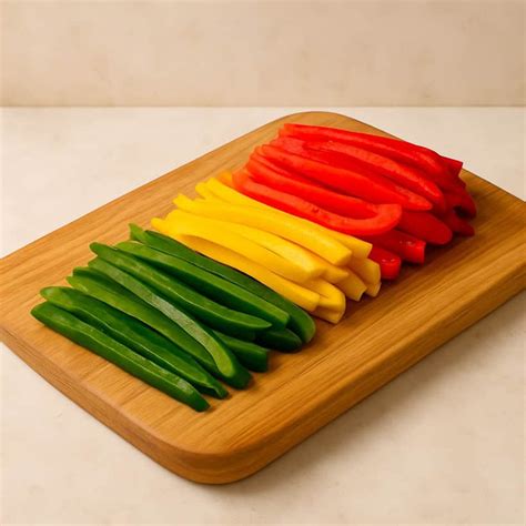 Immagine di peperoni tagliati a spicchi puliti, pronti per la cottura.