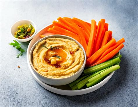 Carote crude tagliate a bastoncini con hummus e altre crudités