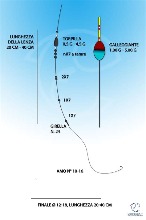 Schema di montatura da pesca a fondo per barbo