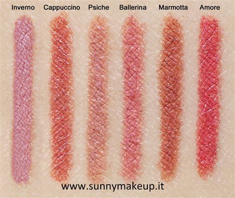 Swatch delle matite labbra Neve Cosmetics Amore e Psiche su pelle