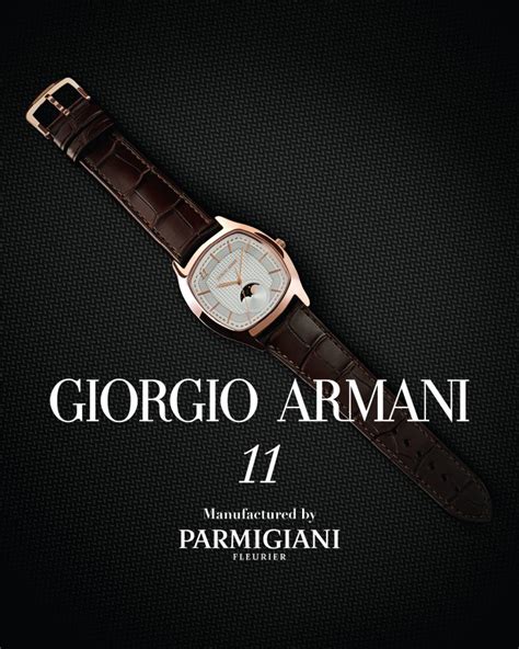 Dettaglio del quadrante dell'orologio Giorgio Armani 11, che mostra gli indici stilizzati e il numero 11 in cifre arabe, evocando la precisione sartoriale.