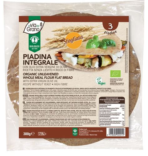 infografica con gli ingredienti principali della piadina integrale: farina integrale, verdure miste, stracchino, olio d'oliva