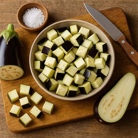 Melanzane fresche tagliate a cubetti, pronte per la cottura