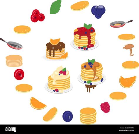 Illustrazione di vari pancake decorati con disegni semplici e complessi.