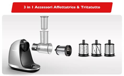Illustrazione di un set di accessori affettaverdure e grattugie con diverse lame e coni.