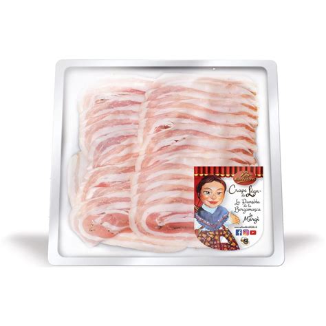 Immagine di una pancetta tesa sarda affettata, mostrando le striature di grasso e la parte magra.
