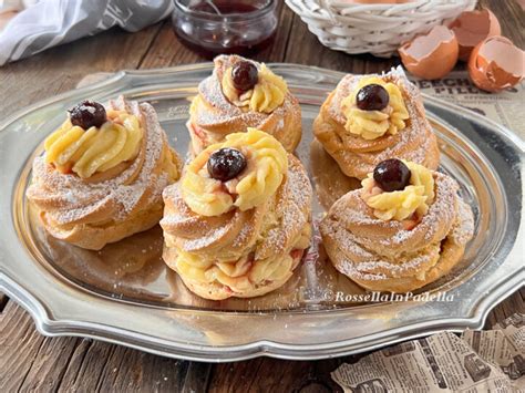Zeppole di San Giuseppe farcite con crema pasticcera e amarene