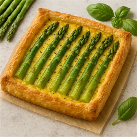 Decorazione floreale su una torta salata agli asparagi.
