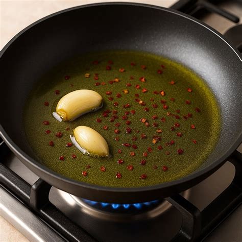 Soffritto di aglio, peperoncino e cipolla in padella