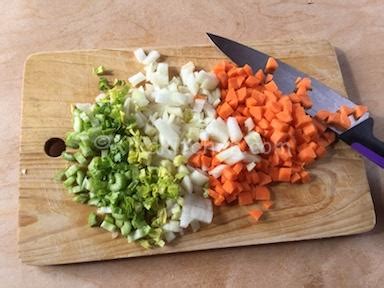 Ingredienti freschi per la salsa: cipolla, carota, sedano, olio, sale e pepe