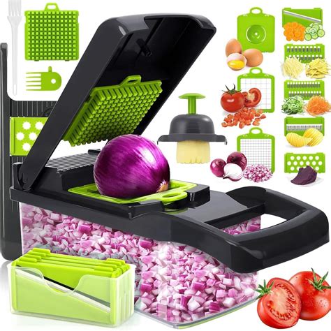 Tagliaverdure Mandolina 13 in 1, affettatrice per verdure con 7 lame intercambiabili, dotata di contenitore trasparente e base antiscivolo in silicone.