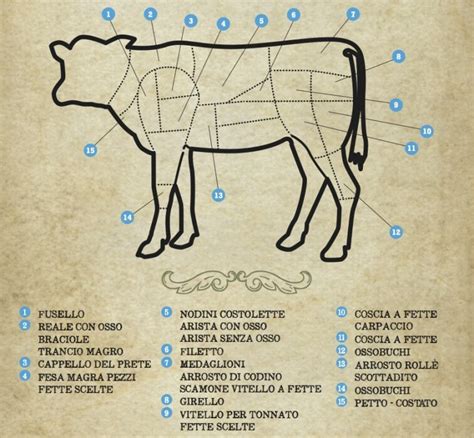 Una selezione di tagli di carne di vitello, con la pancetta evidenziata.