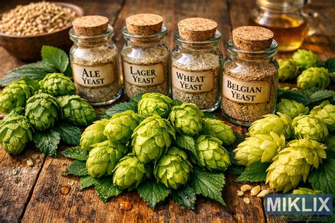 Ingredienti per una birra artigianale: orzo, luppolo, lievito.