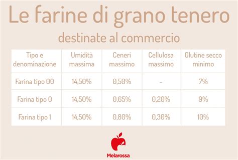 Schema che confronta le diverse tipologie di farine di grano tenero (integrale, tipo 2, tipo 1, tipo 0, tipo 00) evidenziando le percentuali di crusca e germe.