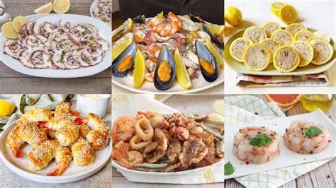 Immagine di un assortimento di antipasti a base di gamberi, con diverse presentazioni e colori.