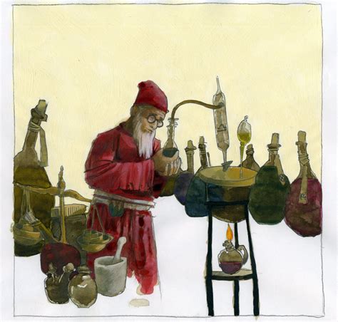 Illustrazione storica che mostra alchimisti al lavoro con alambicchi e erbe