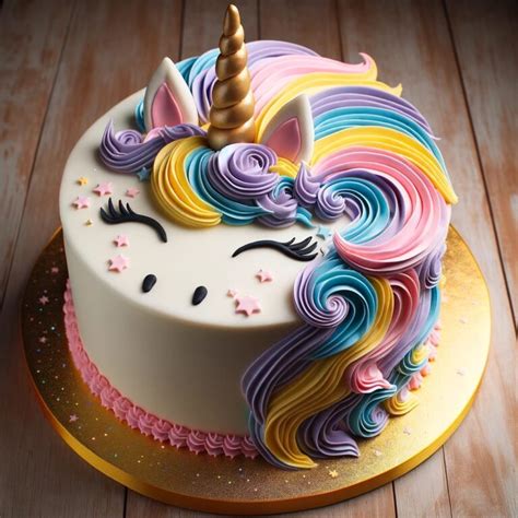 Illustrazione di una torta unicorno decorata con corno dorato, orecchie e criniera colorata.