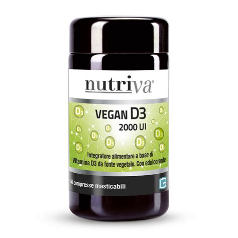Immagine di una capsula di integratore alimentare Nutriva Vegan D3 con sfondo verde e foglioline stilizzate.