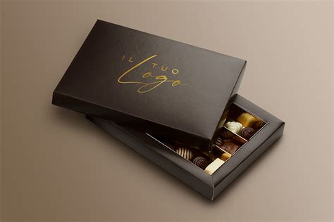 Esempio di scatola di cioccolatini personalizzata con logo aziendale.