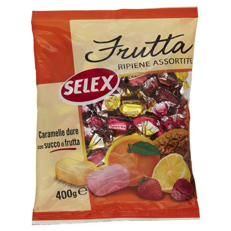 Immagine di diverse caramelle ripiene alla frutta di Baratti & Milano, che mostrano i vari gusti fruttati disponibili.
