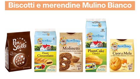 Varietà di prodotti Mulino Bianco: biscotti, merendine e pinsa.