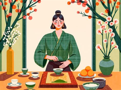 Illustrazione della cerimonia tradizionale giapponese del mochitsuki, con persone che pestano il riso in un mortaio