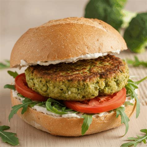 Immagine di burger di broccoli e ceci serviti su un piatto con un'insalata fresca e una salsina allo yogurt.